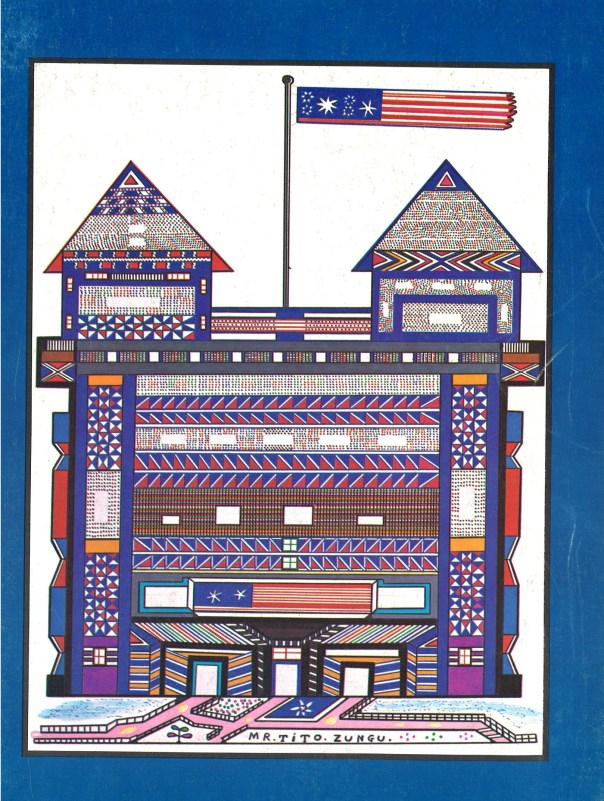 African Arts, Volume X, Issue Number 02. January 1977. "Birthday for African Arts and the united States Bicentennial." Tito Zungu, South Africa. Ballpoint pen and koki pen on paper. 20 cm x 25 cm.