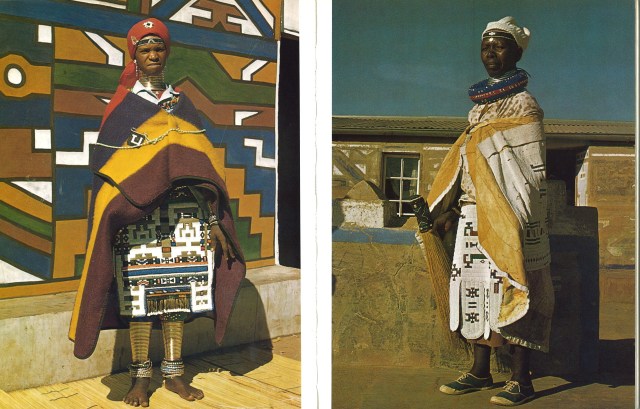 African Arts, Volume XI, Issue Number 02. January 1978. Traditional Ndebele Beadwork. Left: "A woman wearing her mapoto stands before the brightly colored murals of her house." Right: "An elderly woman wearing a Linaga decorated with a broad strip of small white beads. It has designs in the traditional red-blue-green-orange color combination." Photos by Suzanne Priebatsch & Natalie Knight.