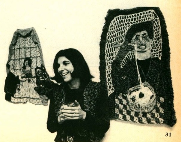 Bonnie Meltzer with two of her crocheted yarn hangings, "Middle Aged Date" and "Man Eating Spaghetti"